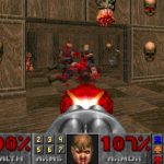 Screenshot from 1993 Doom showing enemies being shot in a room with skulls