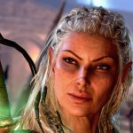 Baldur's Gate 3 - Jaheira with a glowing green sword looks ready for battle